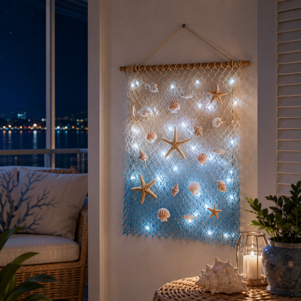 Lighted Coastal Fishing Net Wall Decor