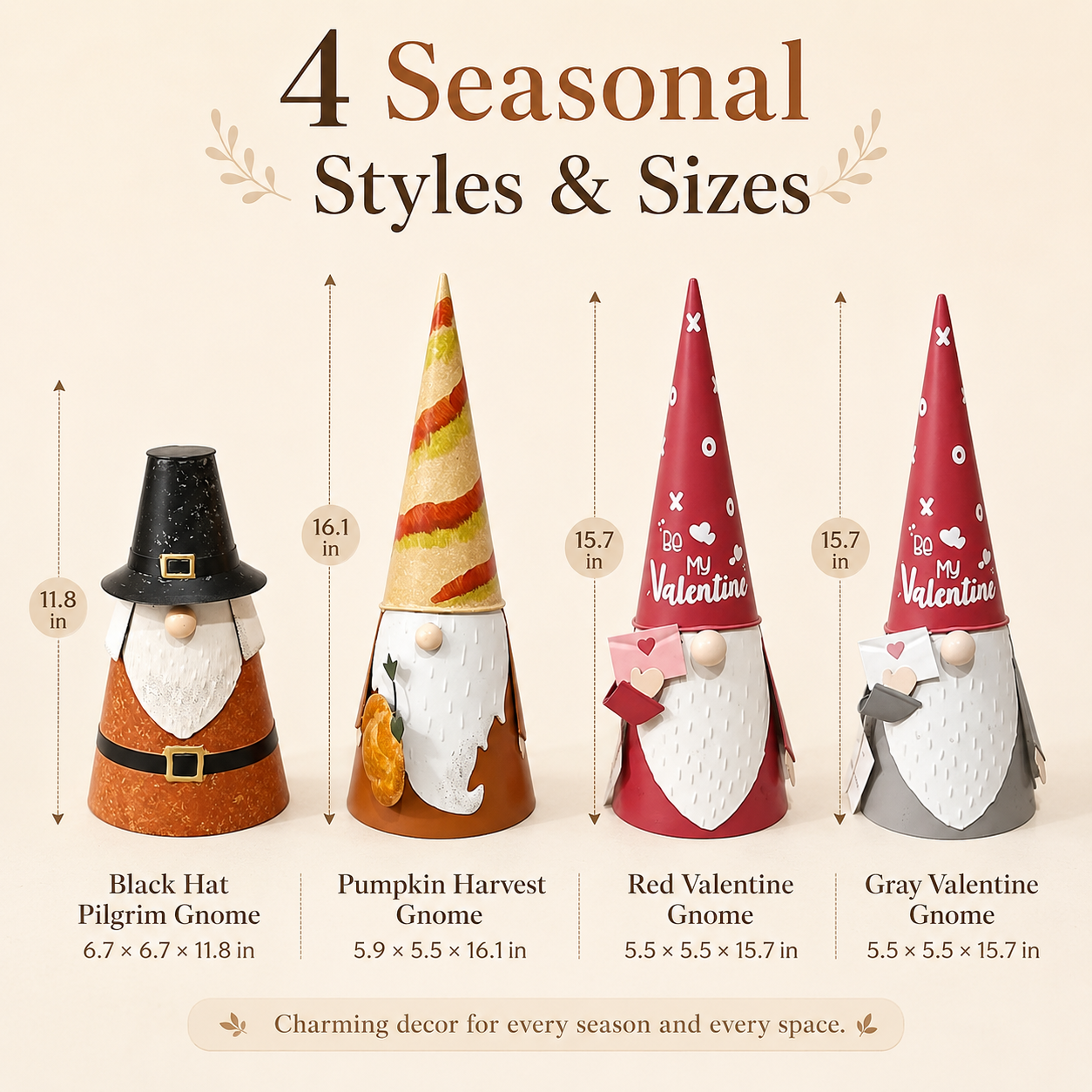 Seasonal Metal Gnome Decorations – Valentine, Harvest & Pilgrim Collection