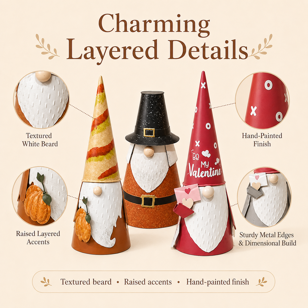 Seasonal Metal Gnome Decorations – Valentine, Harvest & Pilgrim Collection
