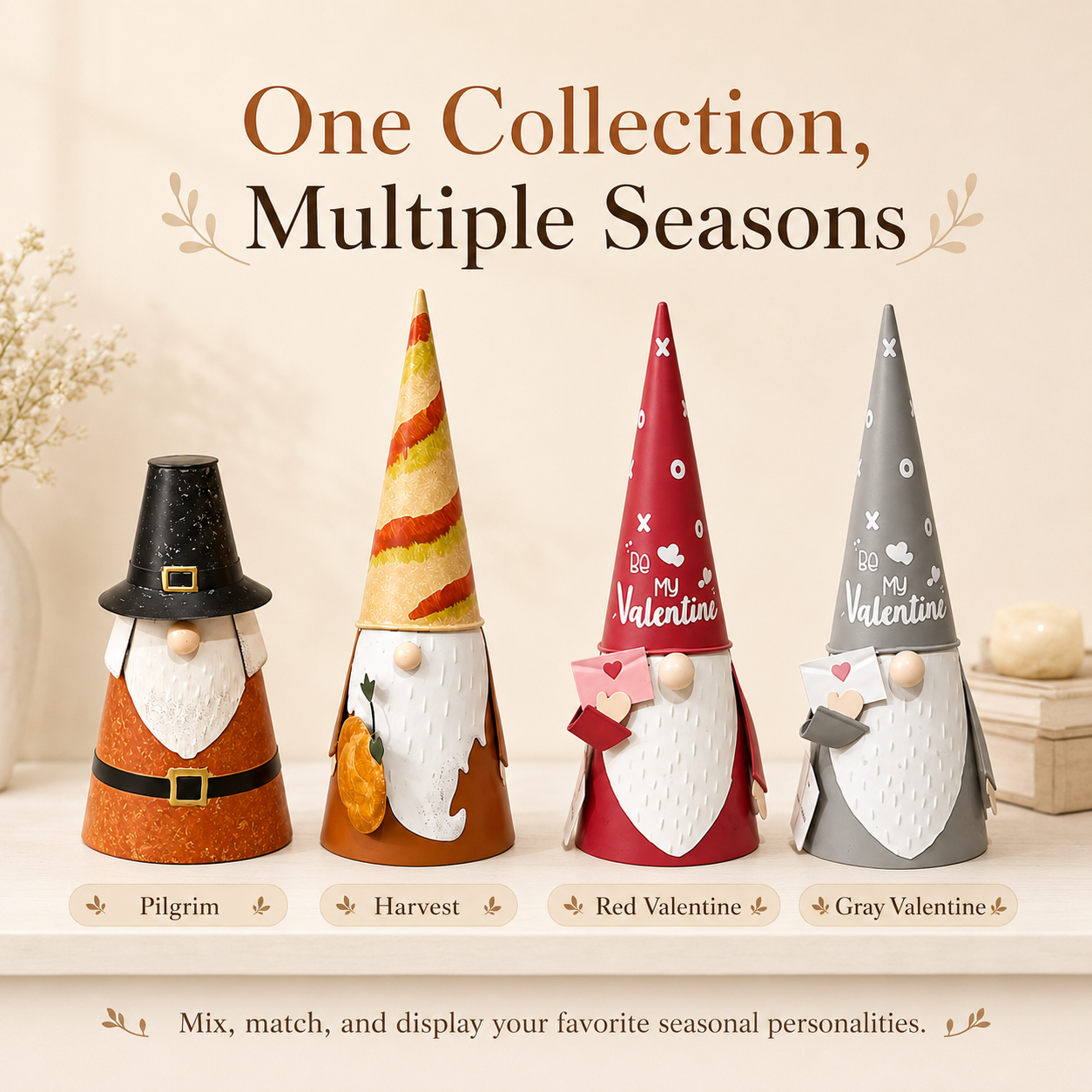 Seasonal Metal Gnome Decorations – Valentine, Harvest & Pilgrim Collection
