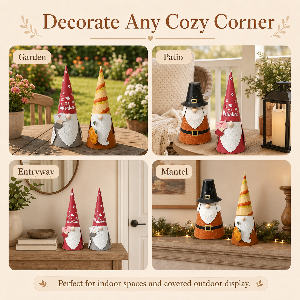 Seasonal Metal Gnome Decorations – Valentine, Harvest & Pilgrim Collection