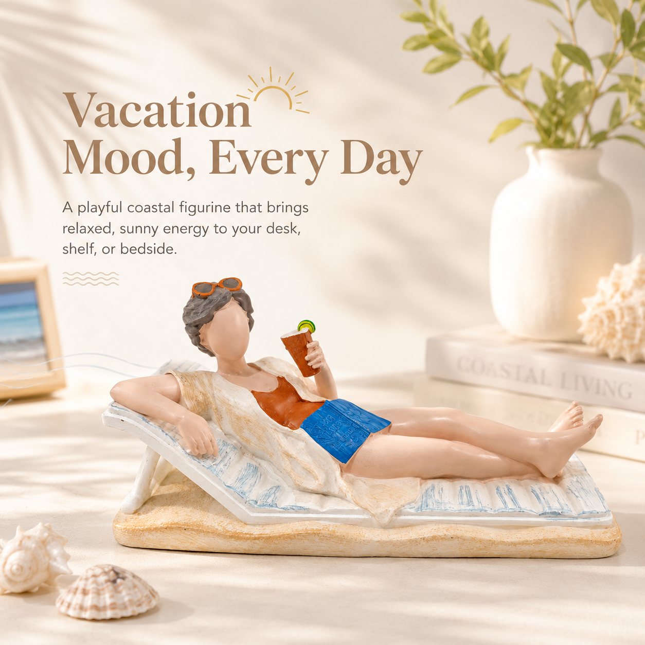 Vacation Mode Lounging Lady Figurine – Coastal Resin Desk & Shelf Decor 🏖️🍹