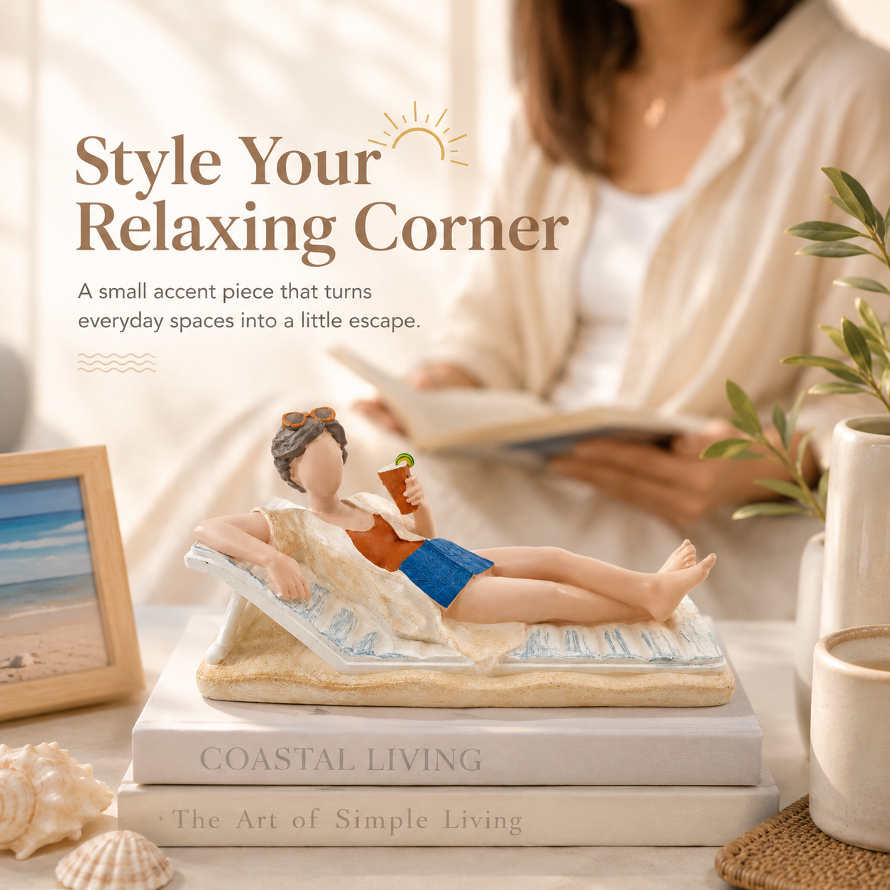 Vacation Mode Lounging Lady Figurine – Coastal Resin Desk & Shelf Decor 🏖️🍹