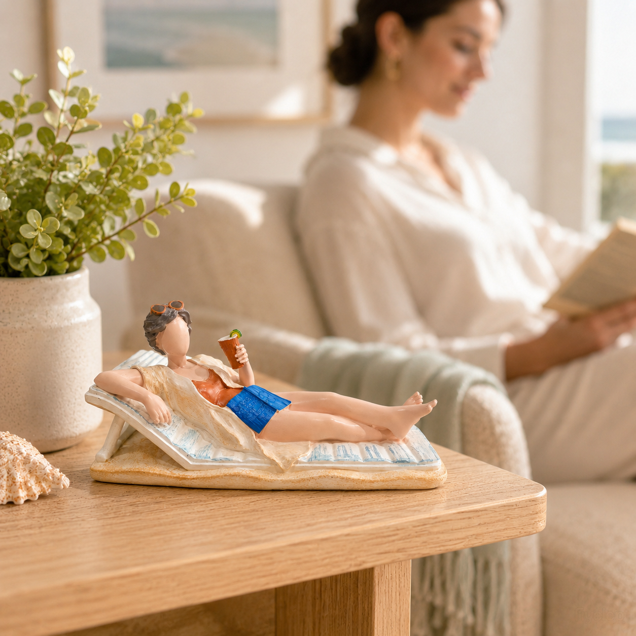 Vacation Mode Lounging Lady Figurine – Coastal Resin Desk & Shelf Decor 🏖️🍹