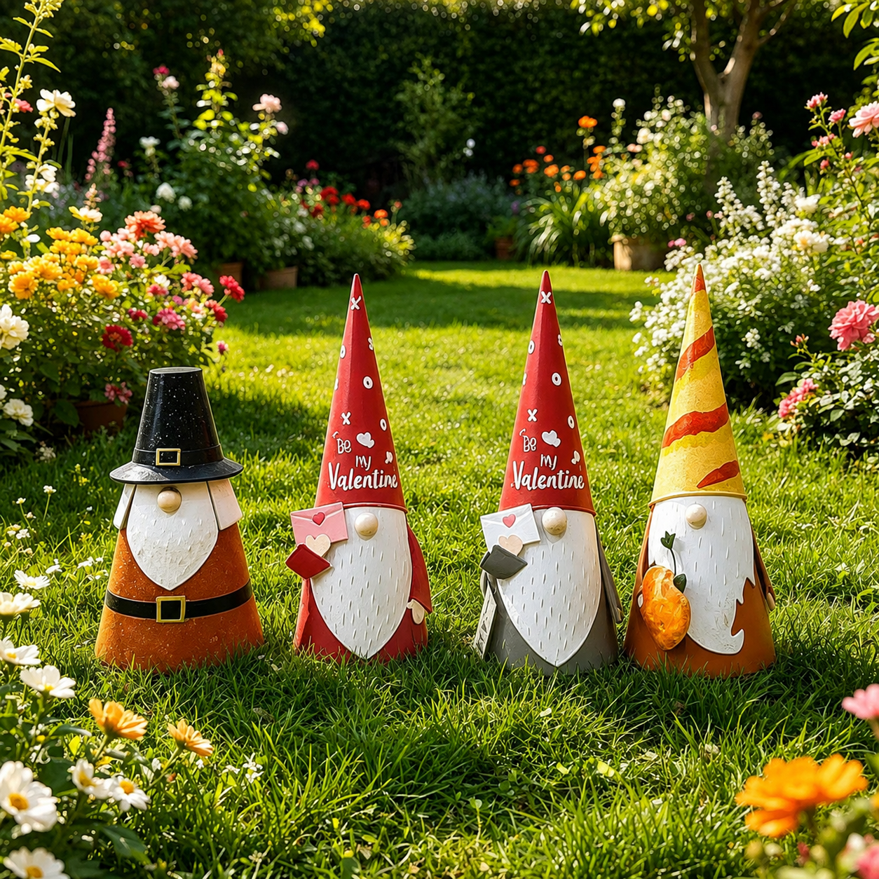 Seasonal Metal Gnome Decorations – Valentine, Harvest & Pilgrim Collection
