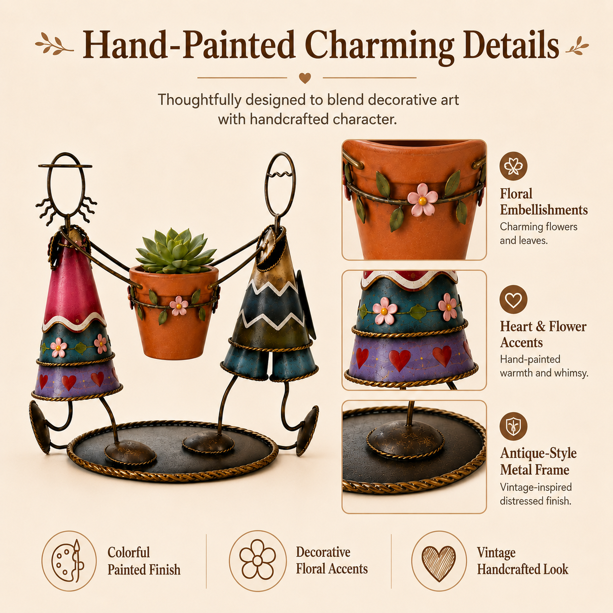 Dancing Couple Metal Succulent Planter – Hand-Painted Tabletop Flower Pot Holder