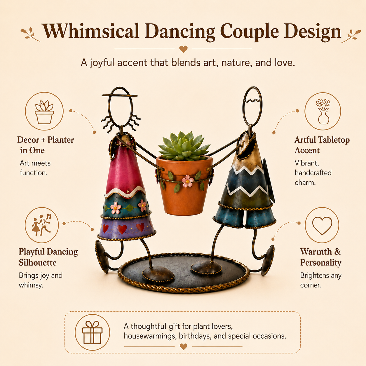 Dancing Couple Metal Succulent Planter – Hand-Painted Tabletop Flower Pot Holder