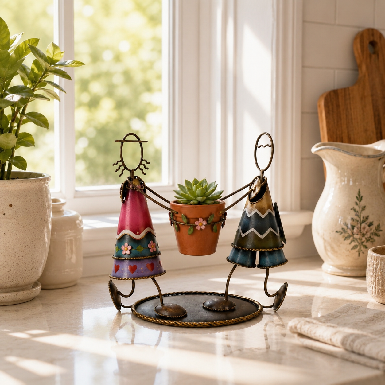 Dancing Couple Metal Succulent Planter – Hand-Painted Tabletop Flower Pot Holder