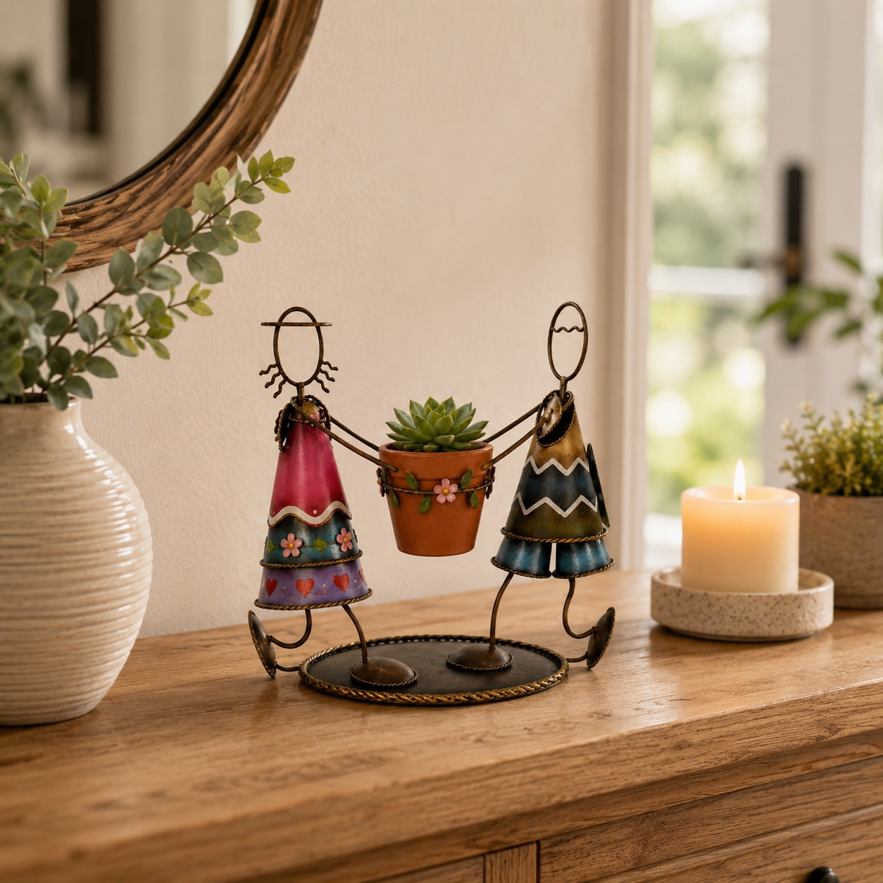 Dancing Couple Metal Succulent Planter – Hand-Painted Tabletop Flower Pot Holder