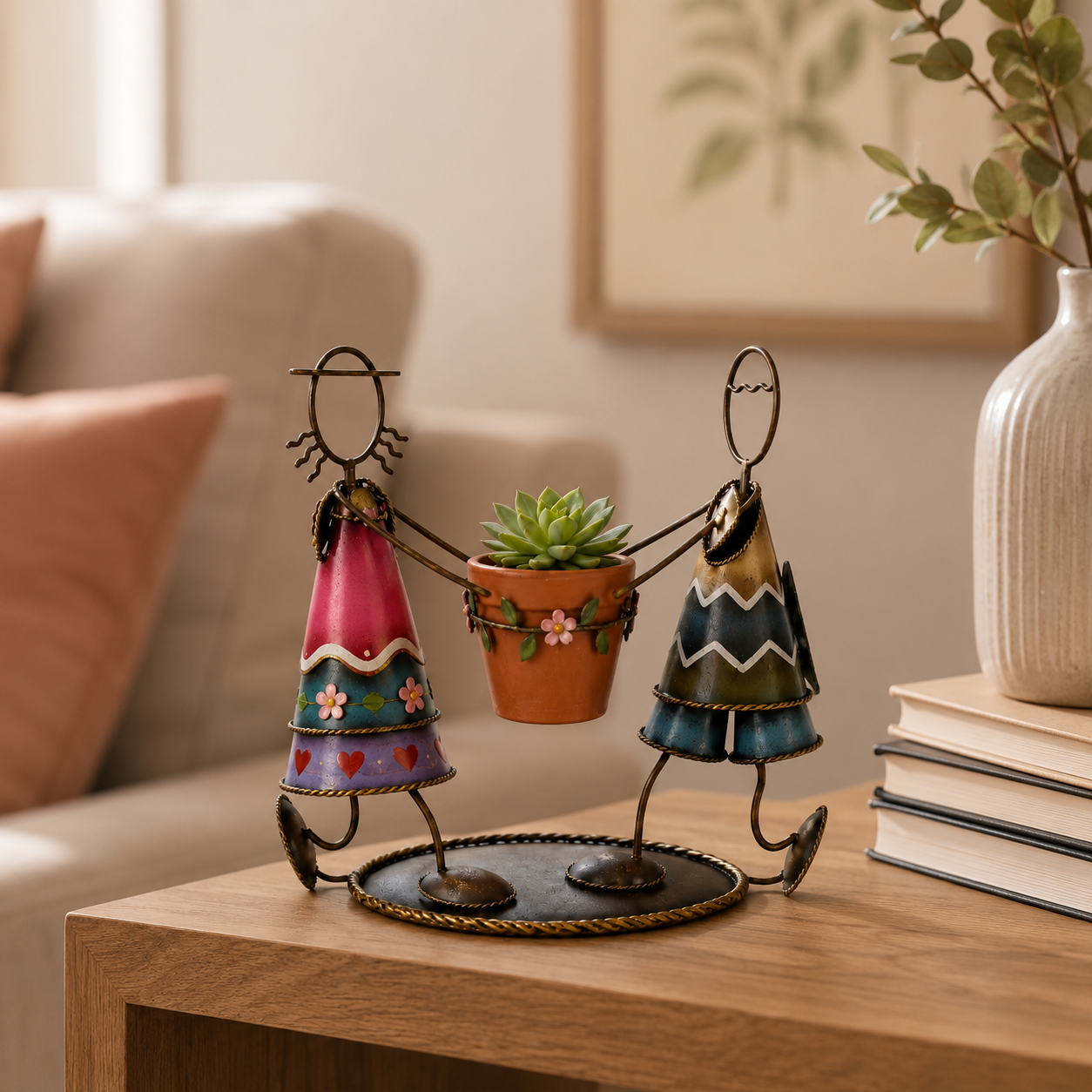 Dancing Couple Metal Succulent Planter – Hand-Painted Tabletop Flower Pot Holder