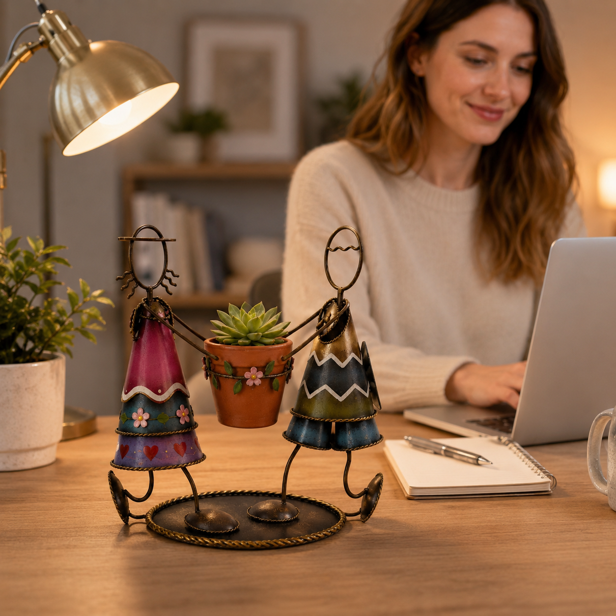 Dancing Couple Metal Succulent Planter – Hand-Painted Tabletop Flower Pot Holder