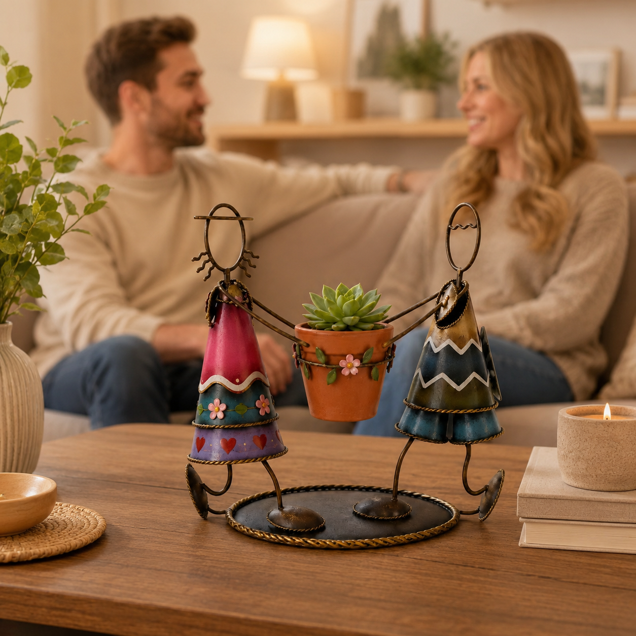 Dancing Couple Metal Succulent Planter – Hand-Painted Tabletop Flower Pot Holder