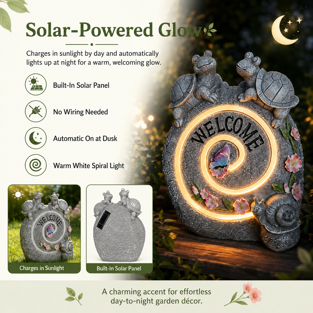Solar Turtle Welcome Garden Statue with Warm Spiral Light