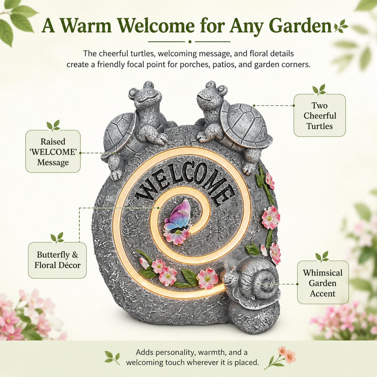 Solar Turtle Welcome Garden Statue with Warm Spiral Light