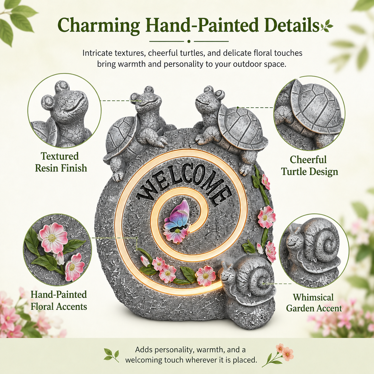 Solar Turtle Welcome Garden Statue with Warm Spiral Light