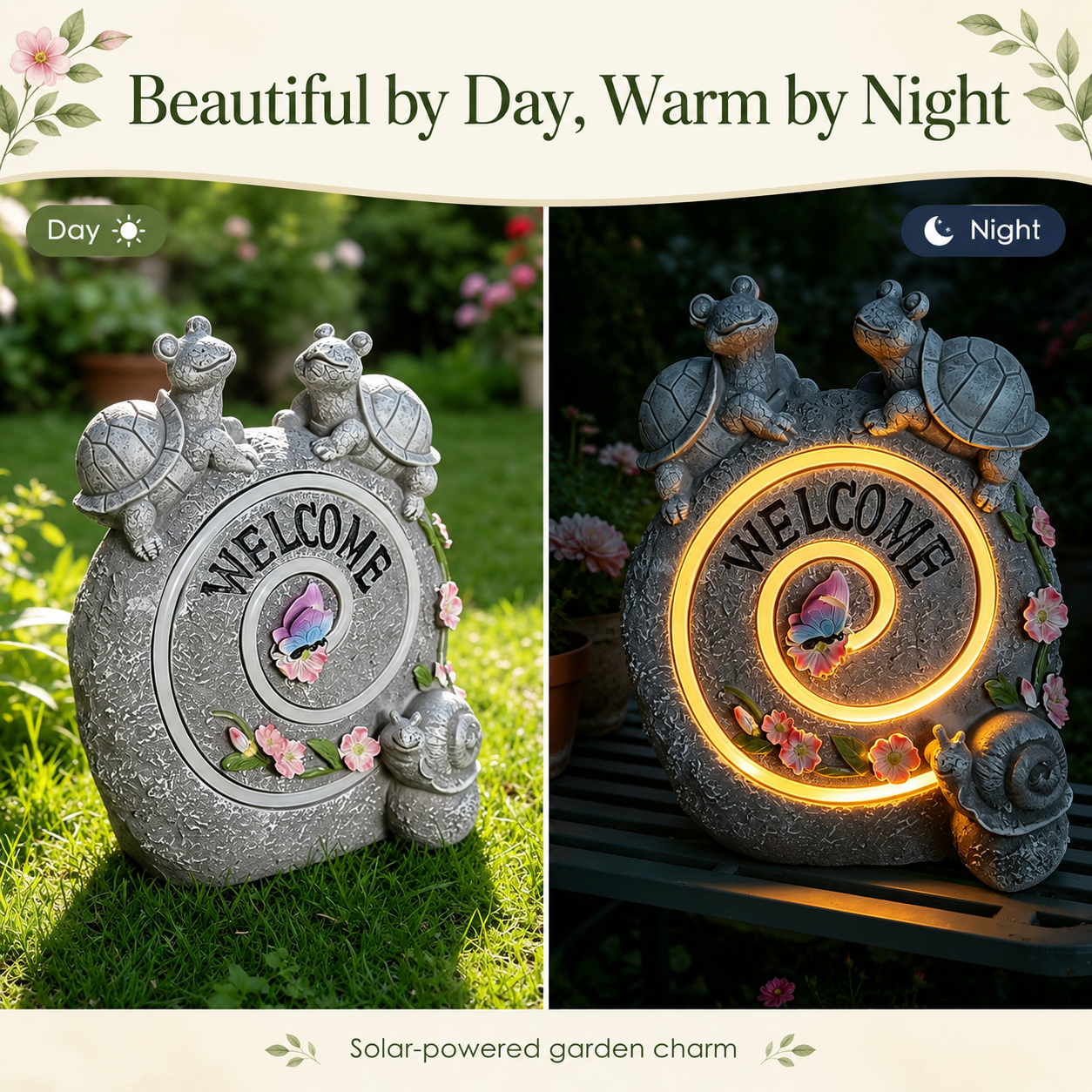 Solar Turtle Welcome Garden Statue with Warm Spiral Light