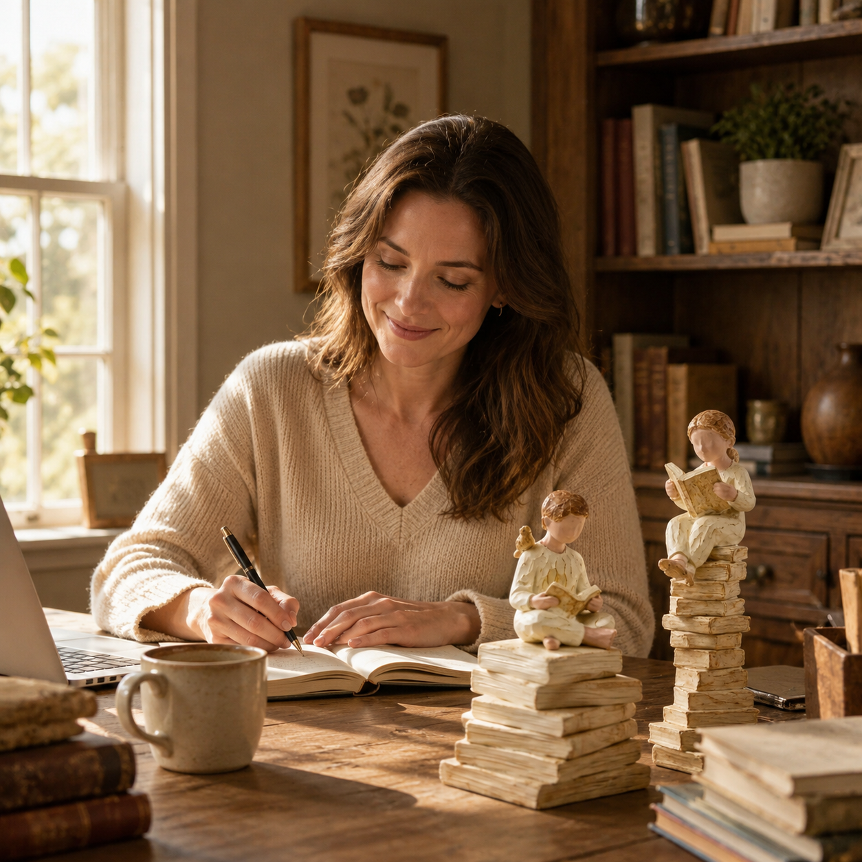 2-Piece Vintage Reading Figurine Set – Book Lover Resin Statues on Stacked Books