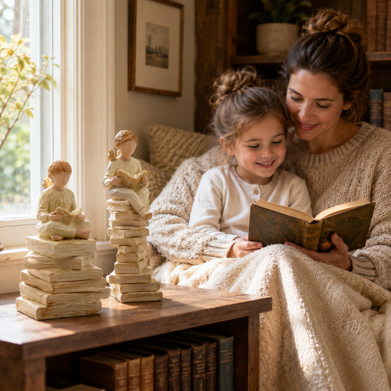 2-Piece Vintage Reading Figurine Set – Book Lover Resin Statues on Stacked Books