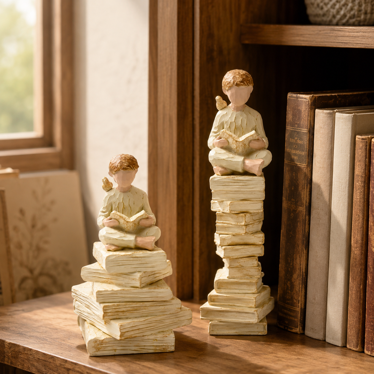 2-Piece Vintage Reading Figurine Set – Book Lover Resin Statues on Stacked Books