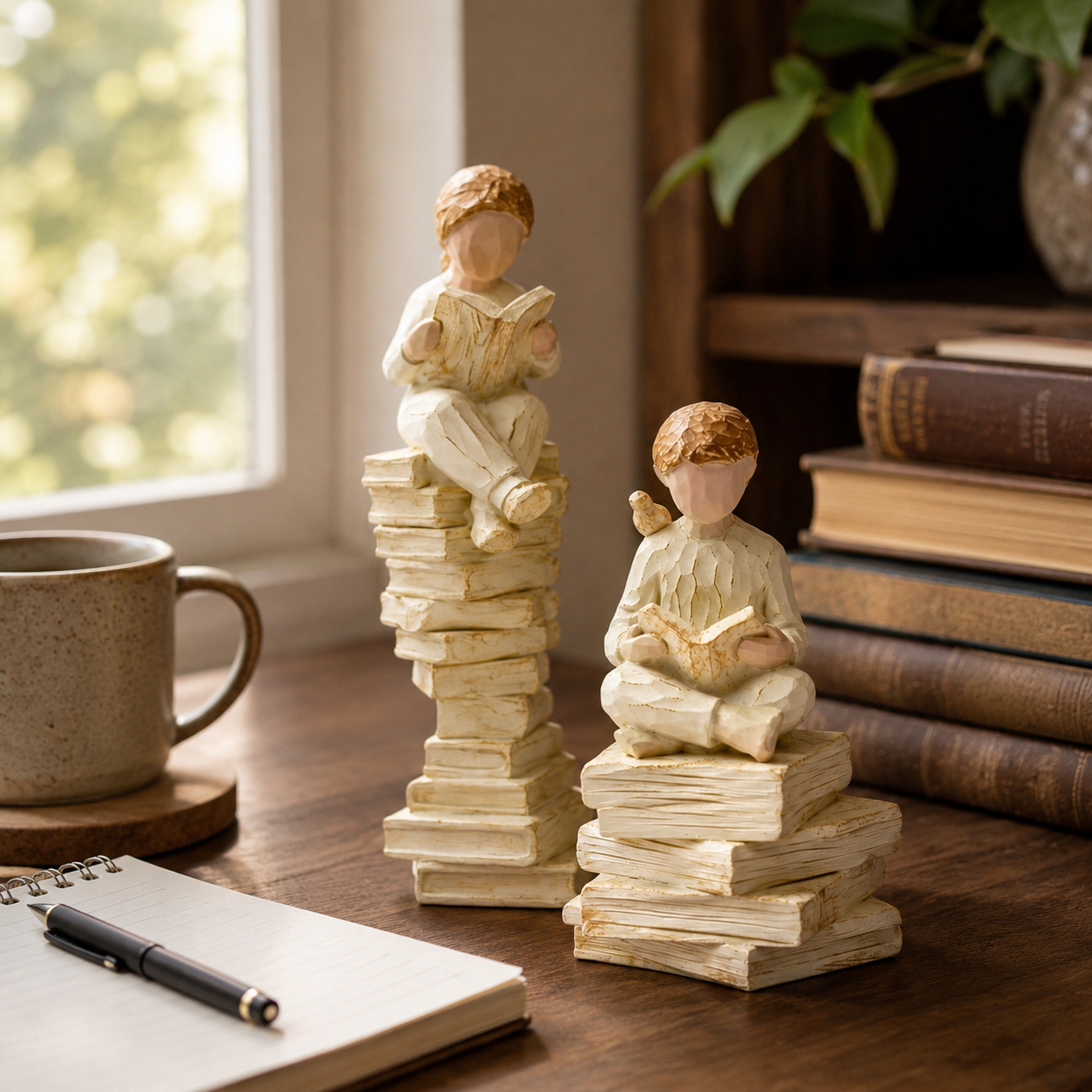 2-Piece Vintage Reading Figurine Set – Book Lover Resin Statues on Stacked Books