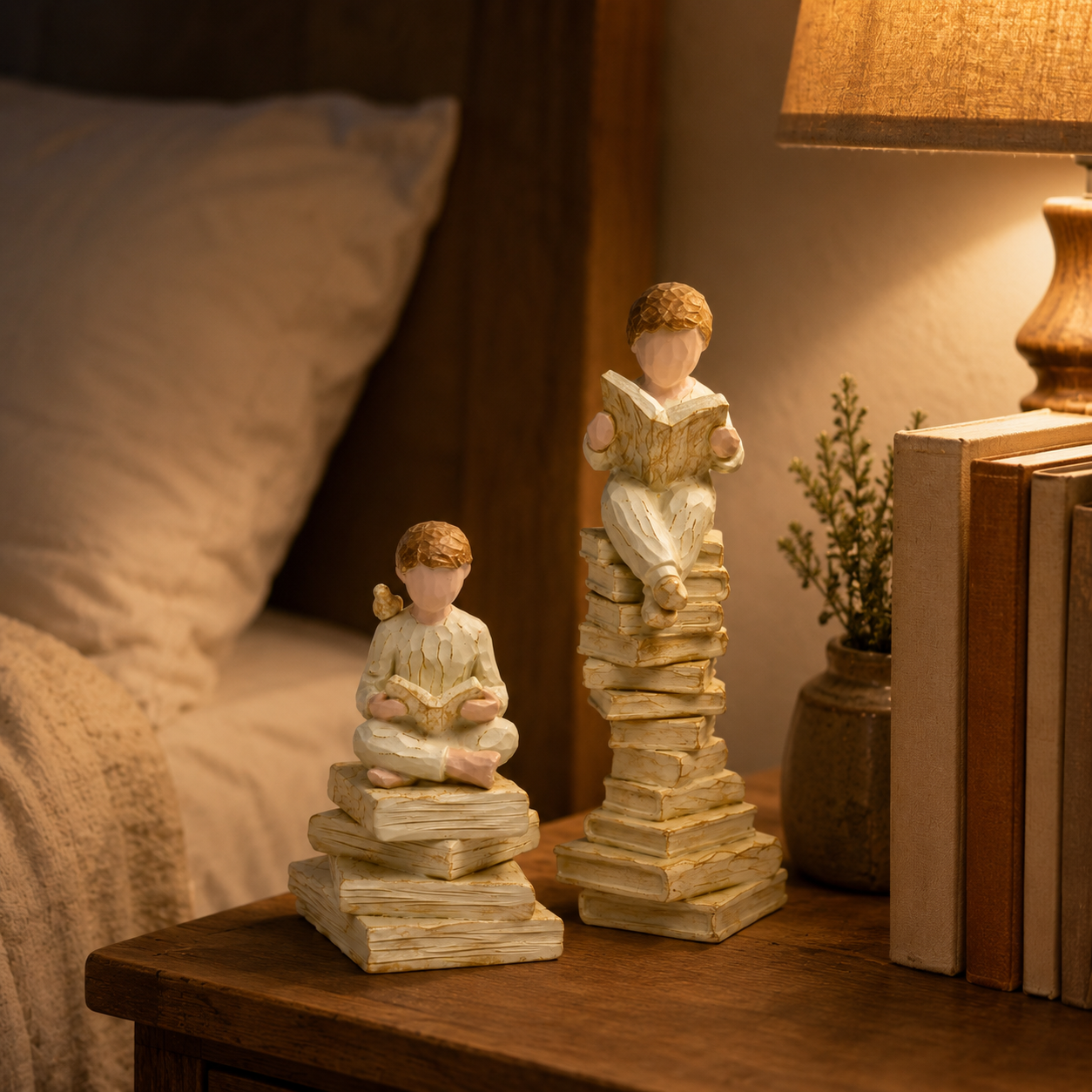 2-Piece Vintage Reading Figurine Set – Book Lover Resin Statues on Stacked Books
