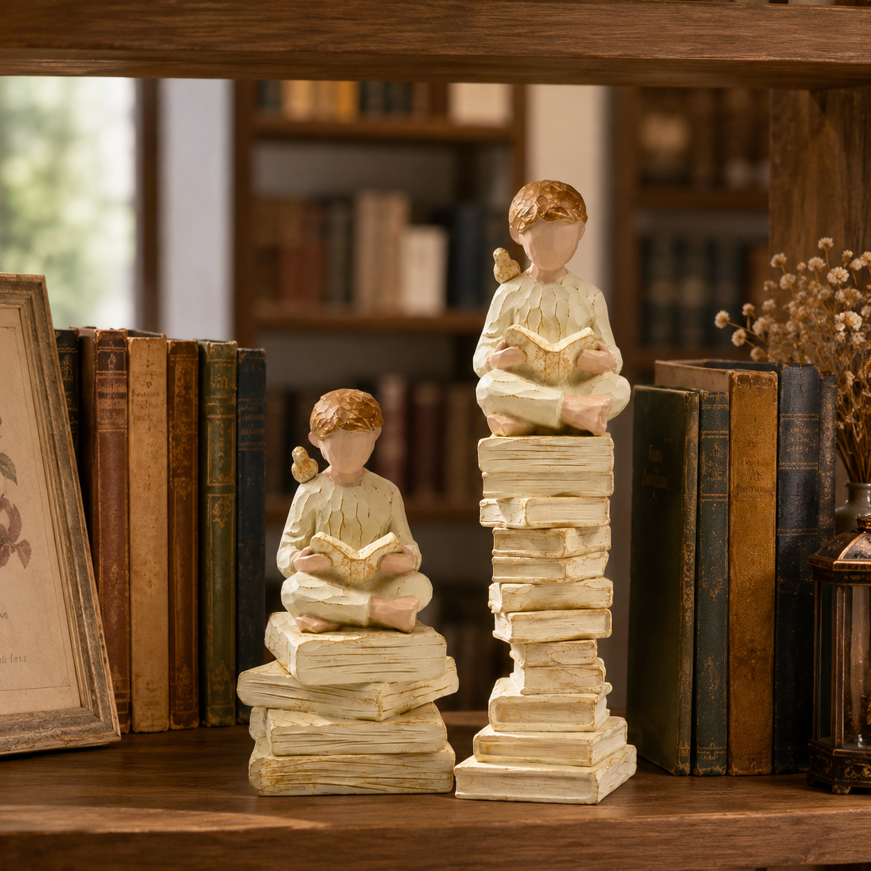 2-Piece Vintage Reading Figurine Set – Book Lover Resin Statues on Stacked Books