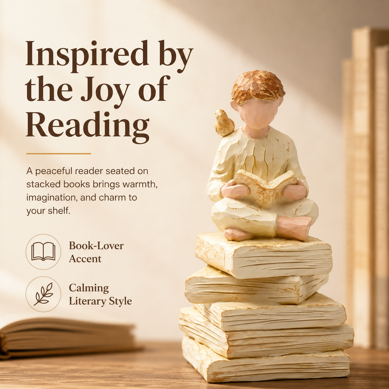 2-Piece Vintage Reading Figurine Set – Book Lover Resin Statues on Stacked Books