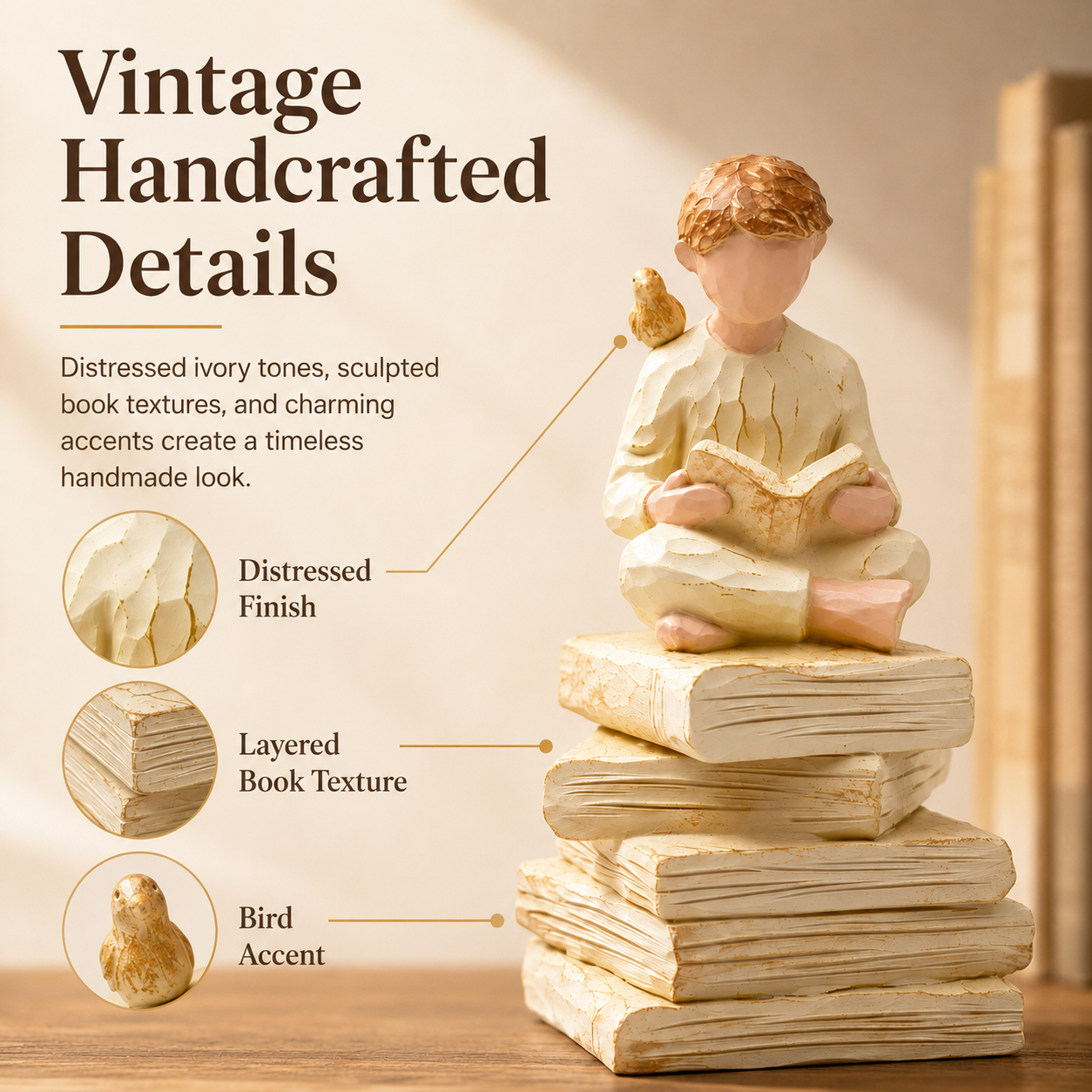 2-Piece Vintage Reading Figurine Set – Book Lover Resin Statues on Stacked Books