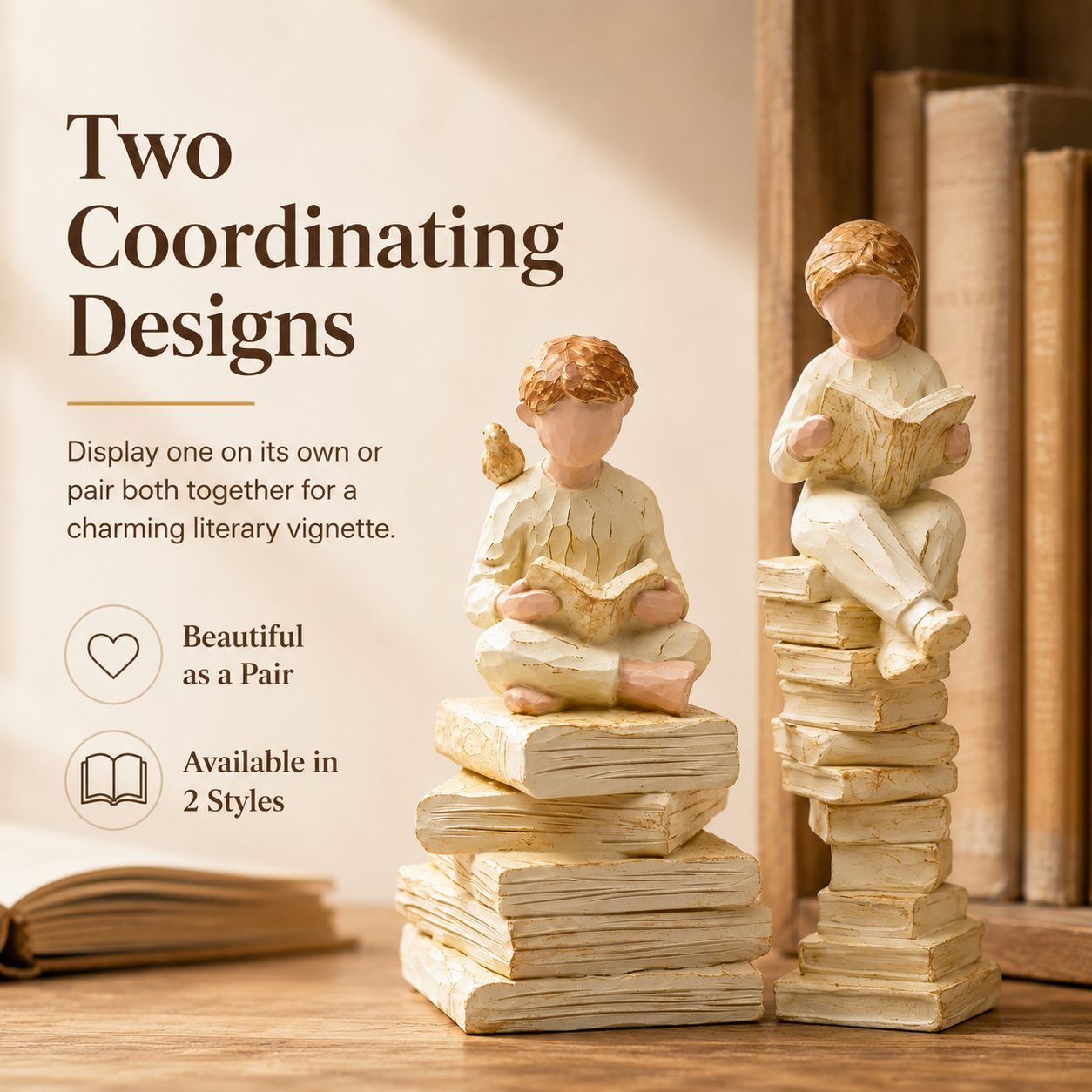2-Piece Vintage Reading Figurine Set – Book Lover Resin Statues on Stacked Books