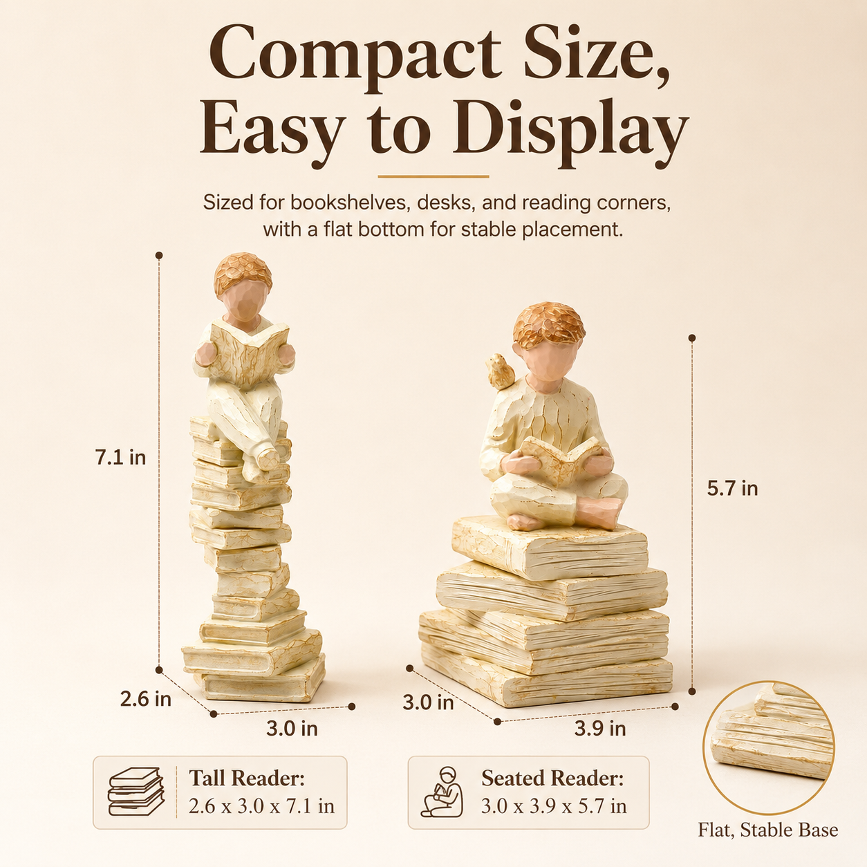 2-Piece Vintage Reading Figurine Set – Book Lover Resin Statues on Stacked Books