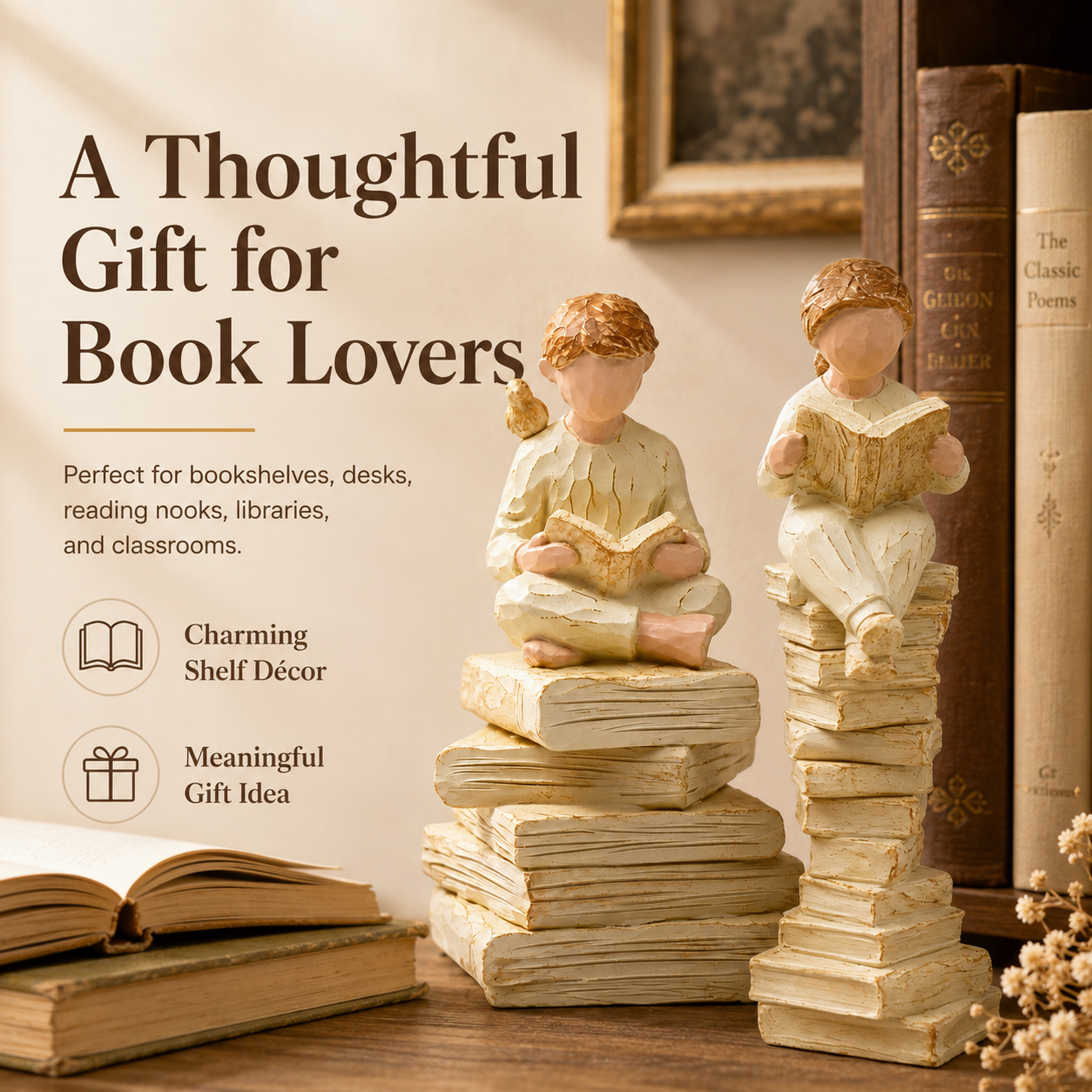 2-Piece Vintage Reading Figurine Set – Book Lover Resin Statues on Stacked Books