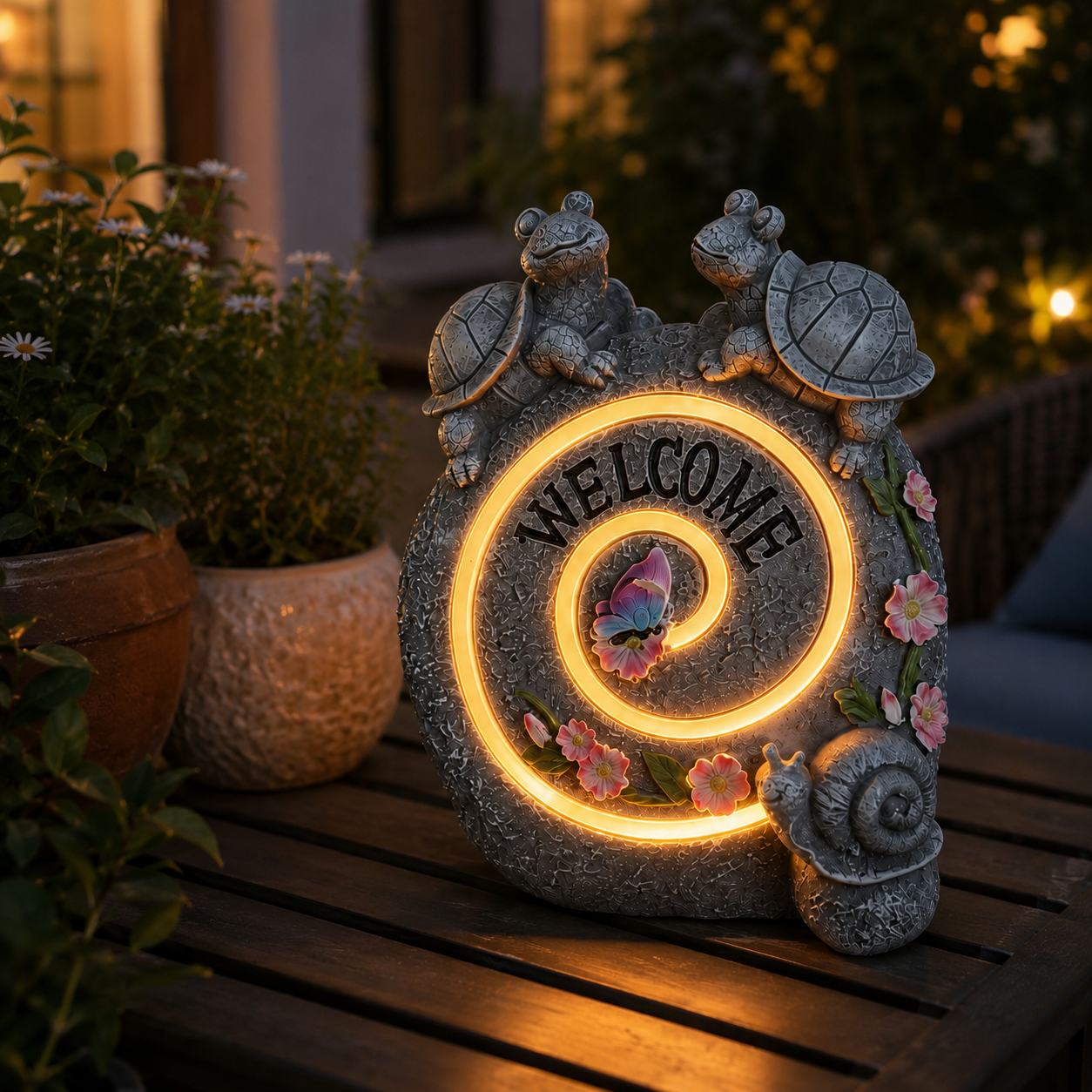 Solar Turtle Welcome Garden Statue with Warm Spiral Light