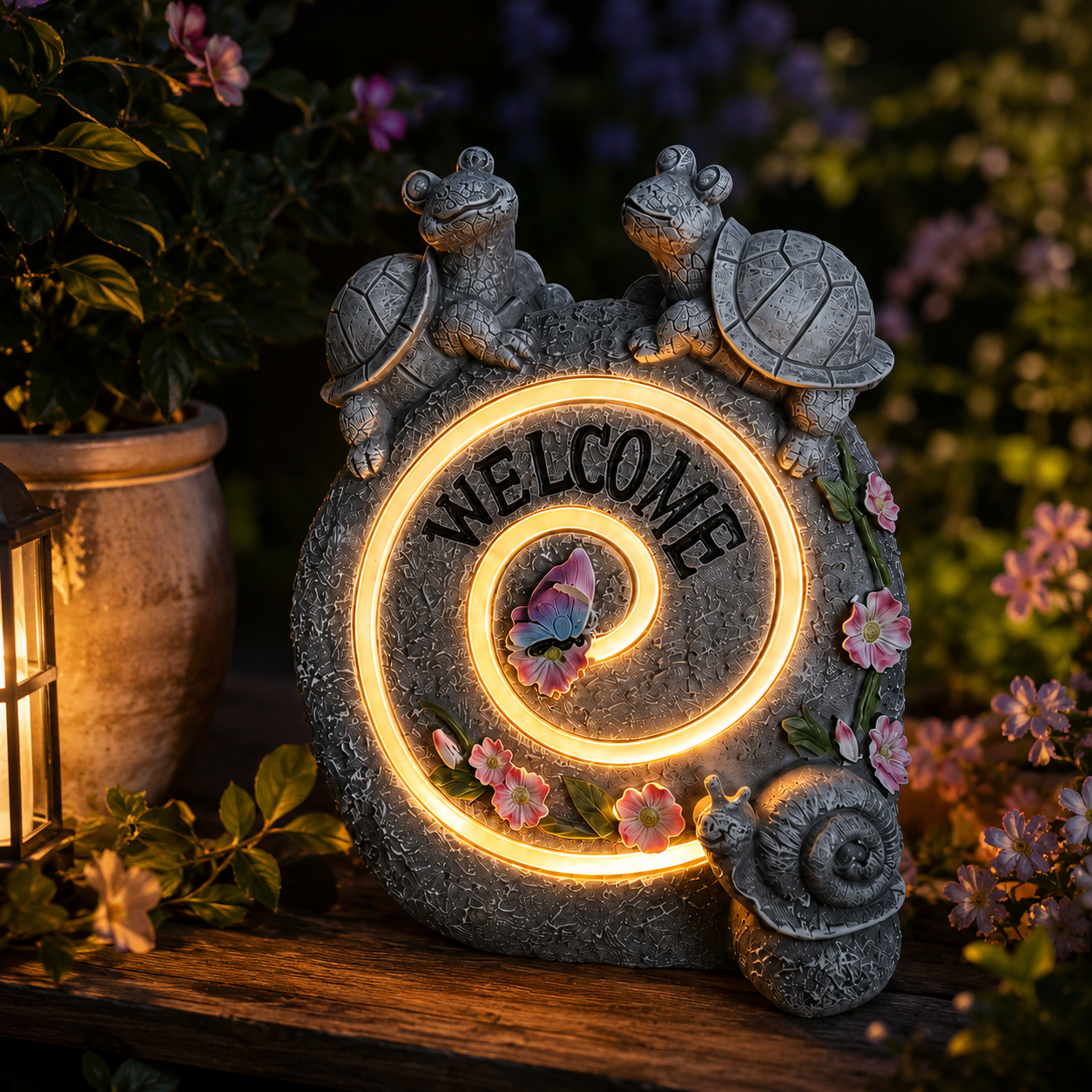 Solar Turtle Welcome Garden Statue with Warm Spiral Light