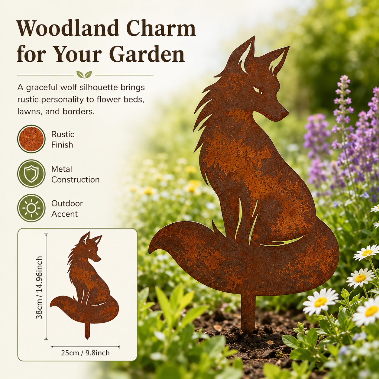 Rustic Metal Wolf Garden Stake – Woodland Animal Yard Art for Outdoor Décor