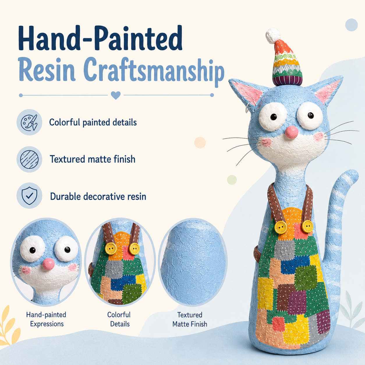 Whimsy Paws Hand-Painted Resin Cat Figurine – Whimsical Cat Statue, 2 Styles Available
