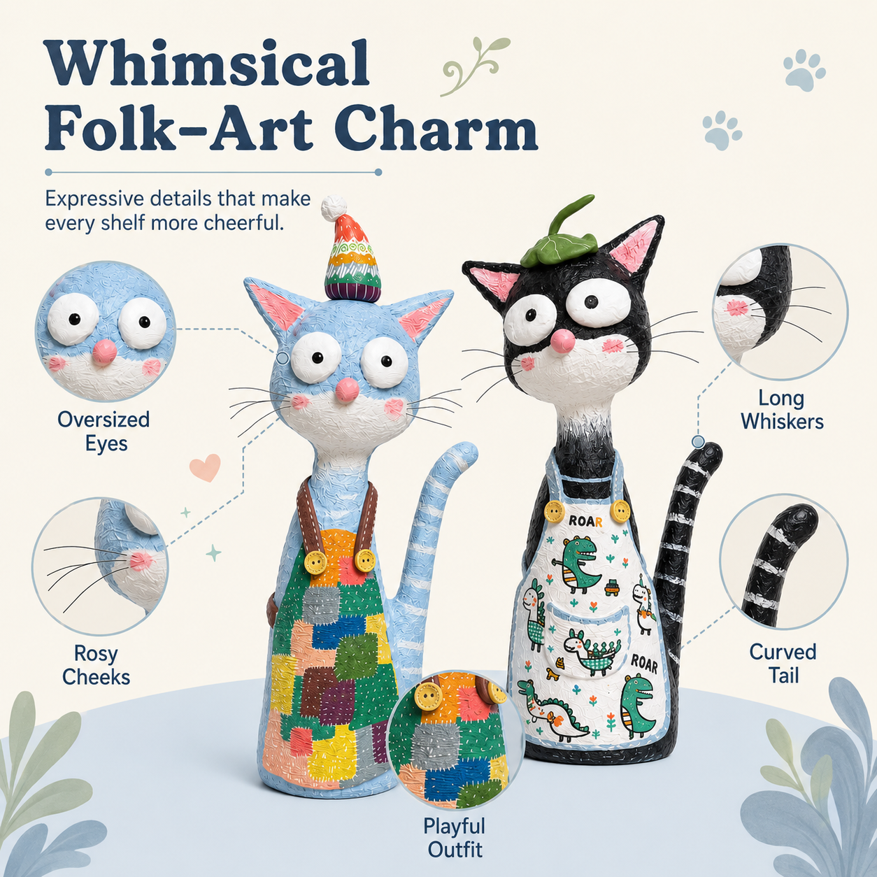 Whimsy Paws Hand-Painted Resin Cat Figurine – Whimsical Cat Statue, 2 Styles Available