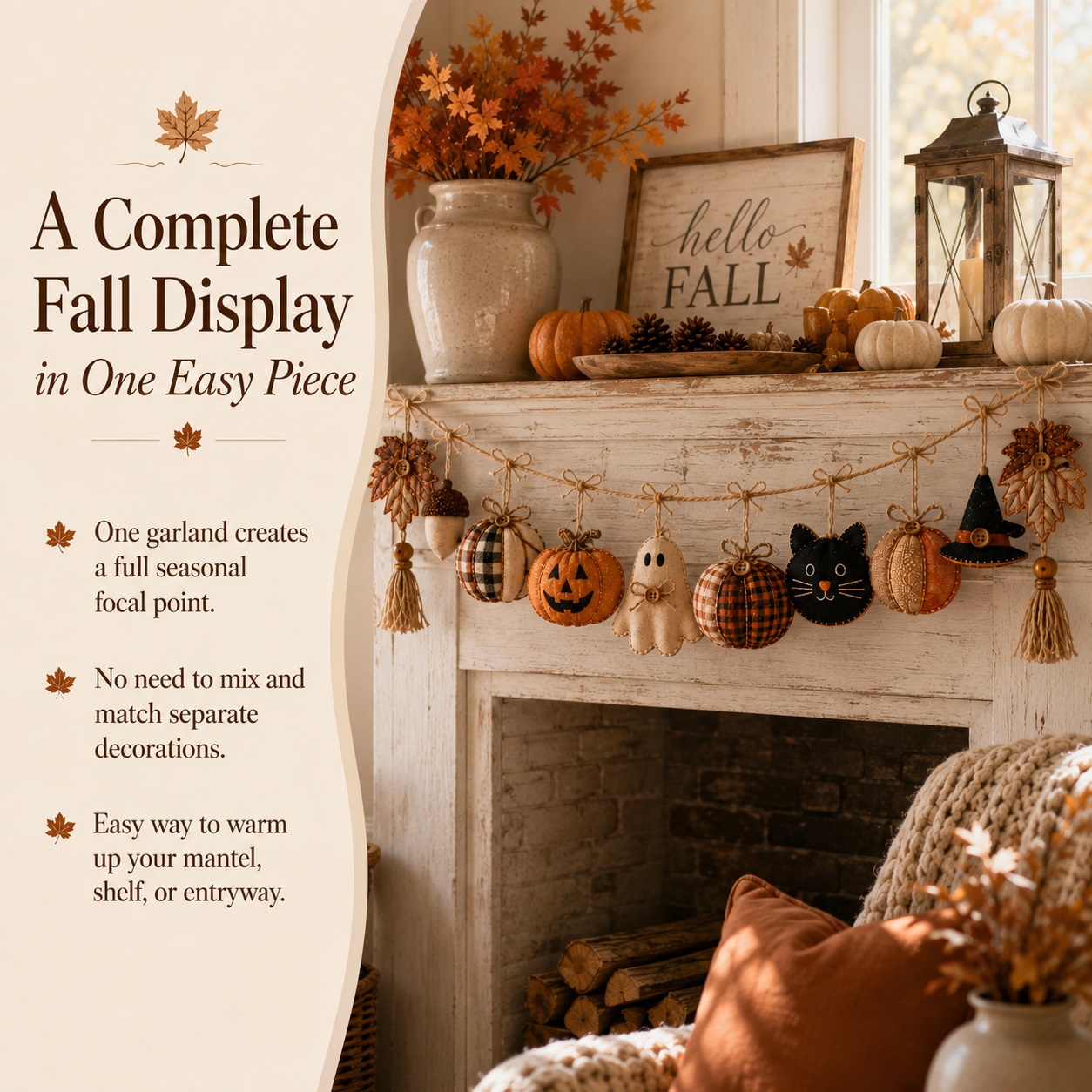 Cozy Harvest Fabric Garland – Pumpkin, Ghost & Black Cat Fall Hanging Decor