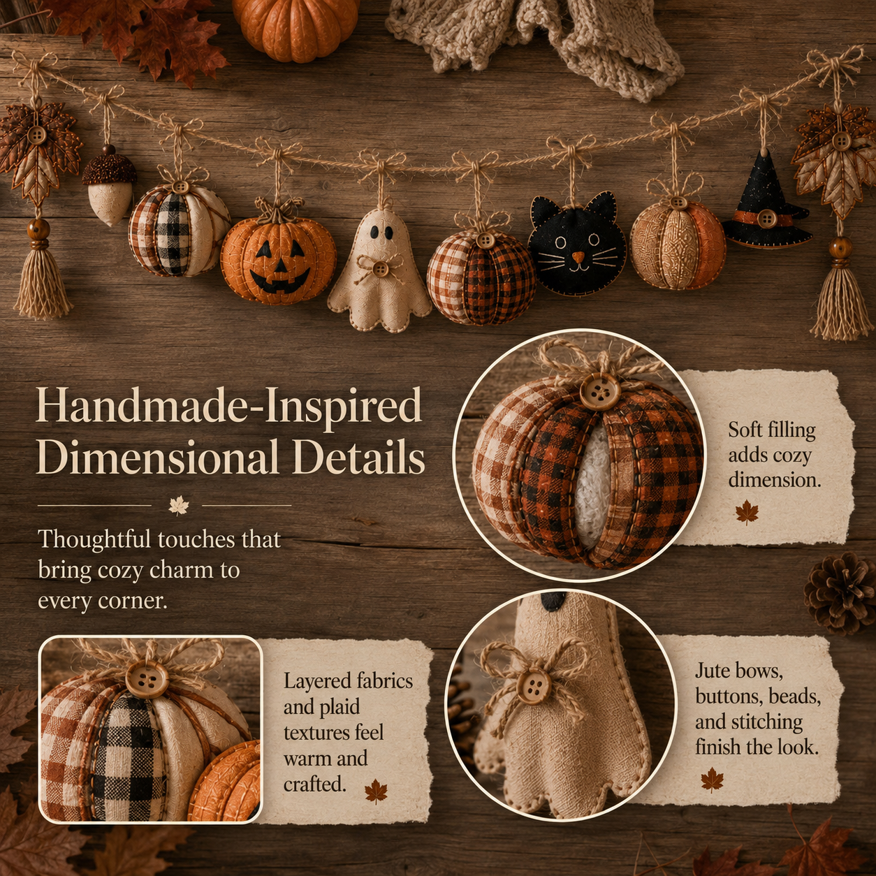 Cozy Harvest Fabric Garland – Pumpkin, Ghost & Black Cat Fall Hanging Decor