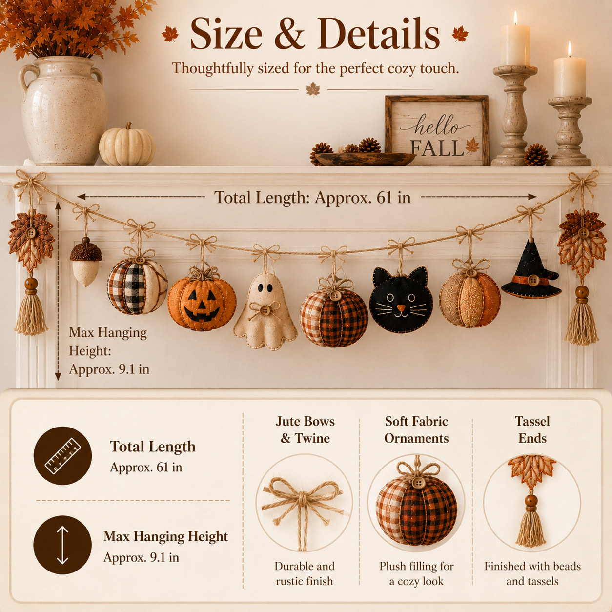 Cozy Harvest Fabric Garland – Pumpkin, Ghost & Black Cat Fall Hanging Decor