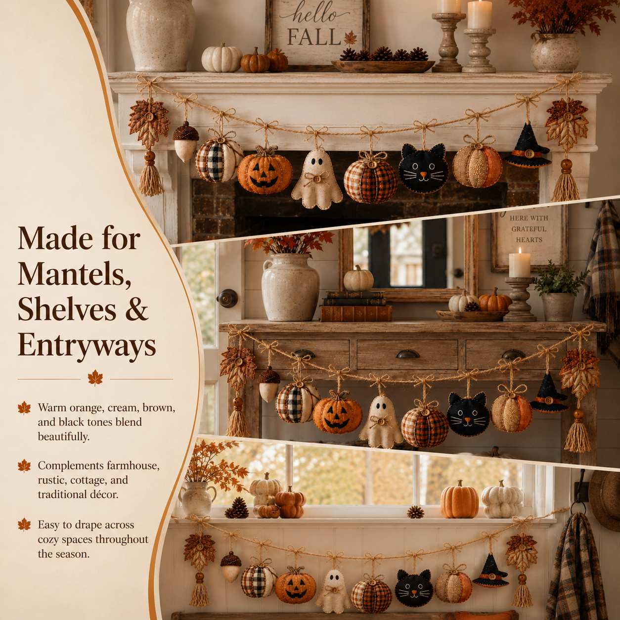 Cozy Harvest Fabric Garland – Pumpkin, Ghost & Black Cat Fall Hanging Decor