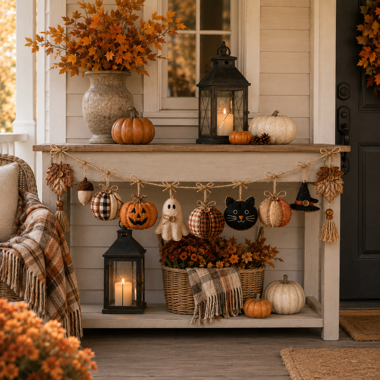 Cozy Harvest Fabric Garland – Pumpkin, Ghost & Black Cat Fall Hanging Decor