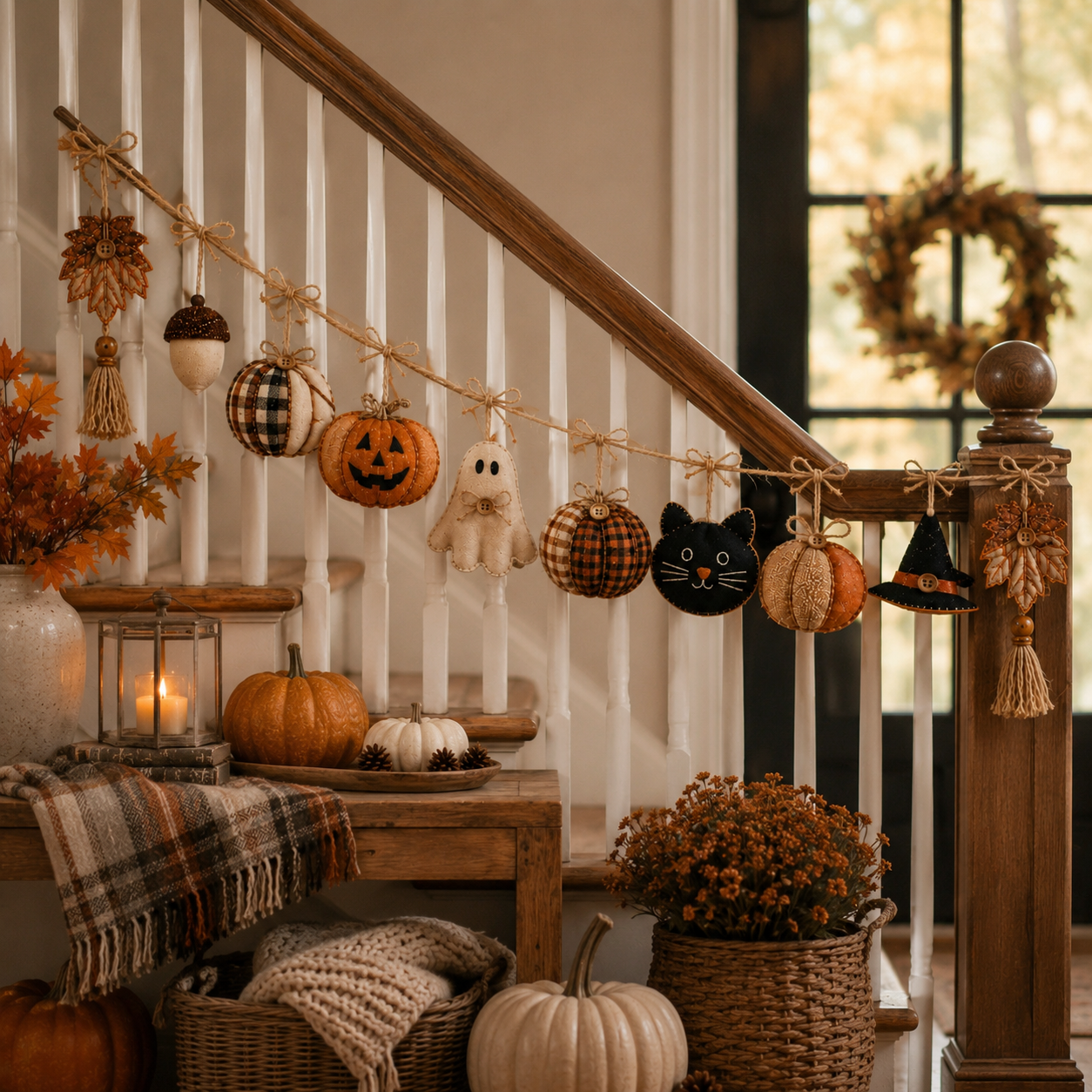 Cozy Harvest Fabric Garland – Pumpkin, Ghost & Black Cat Fall Hanging Decor