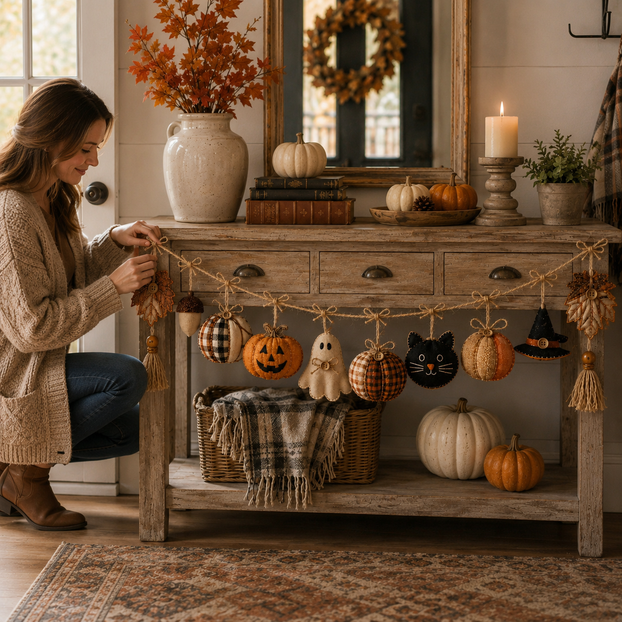 Cozy Harvest Fabric Garland – Pumpkin, Ghost & Black Cat Fall Hanging Decor
