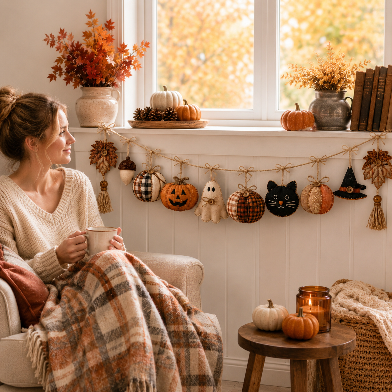 Cozy Harvest Fabric Garland – Pumpkin, Ghost & Black Cat Fall Hanging Decor