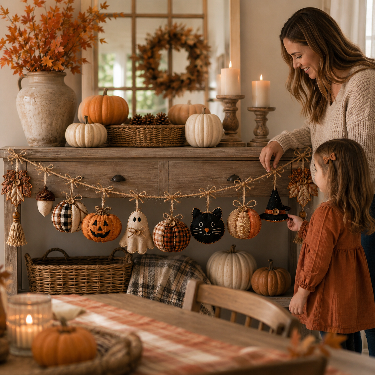 Cozy Harvest Fabric Garland – Pumpkin, Ghost & Black Cat Fall Hanging Decor