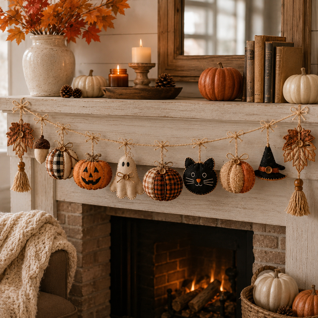 Cozy Harvest Fabric Garland – Pumpkin, Ghost & Black Cat Fall Hanging Decor