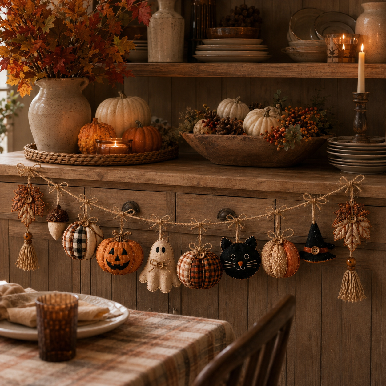 Cozy Harvest Fabric Garland – Pumpkin, Ghost & Black Cat Fall Hanging Decor