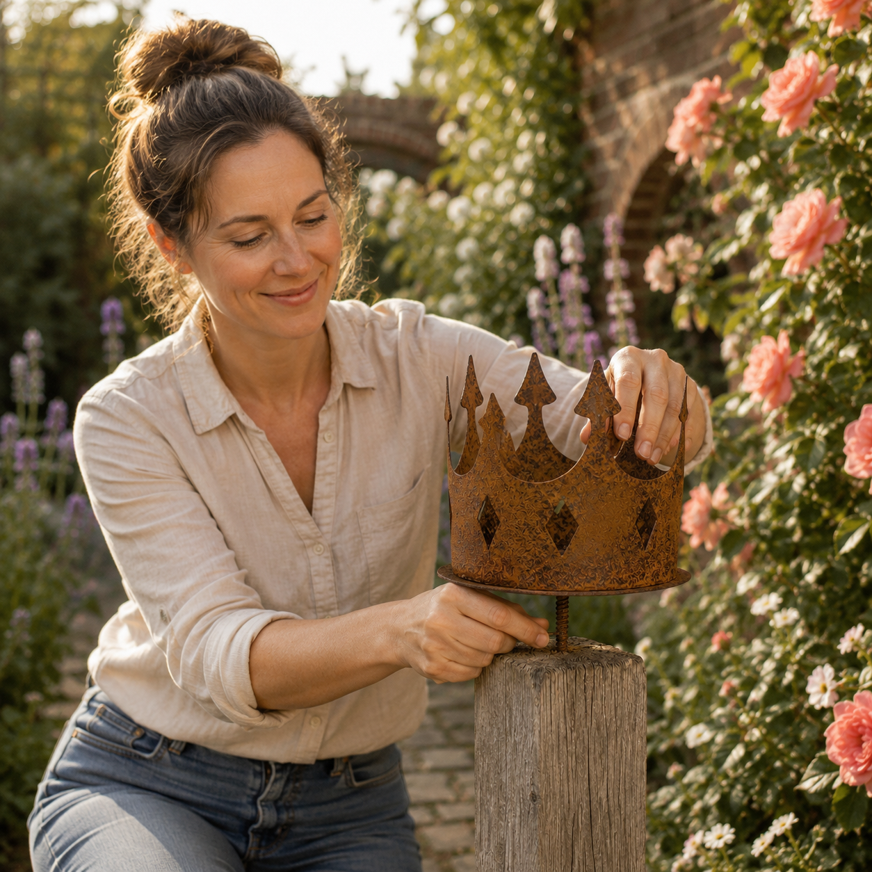 Rustic Metal Crown Post Topper – Vintage Rust Finish Garden Fence Finial with Screw-In Stem