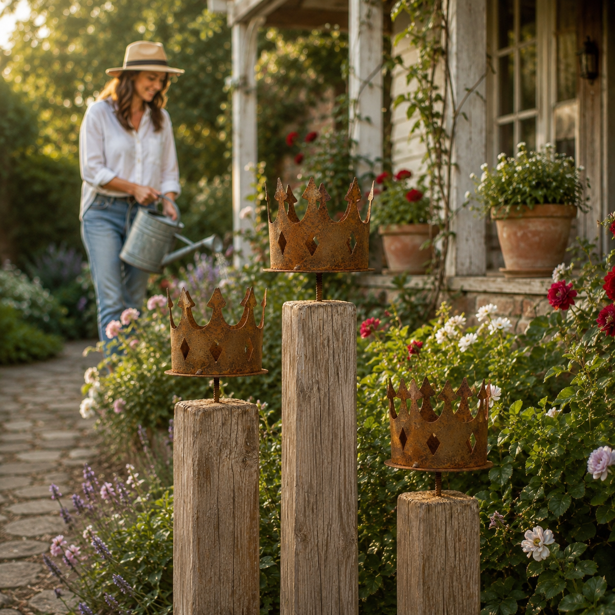 Rustic Metal Crown Post Topper – Vintage Rust Finish Garden Fence Finial with Screw-In Stem