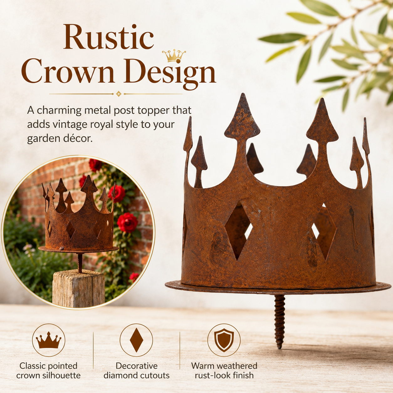 Rustic Metal Crown Post Topper – Vintage Rust Finish Garden Fence Finial with Screw-In Stem